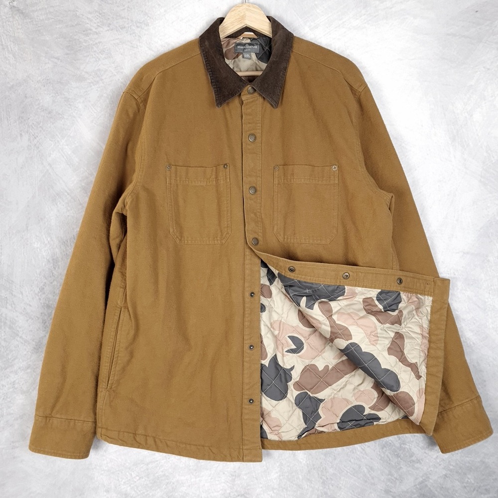 LL Bean Shirt Jacket Mens Large Chamois Flannel Camo Quilted Lined Workwear